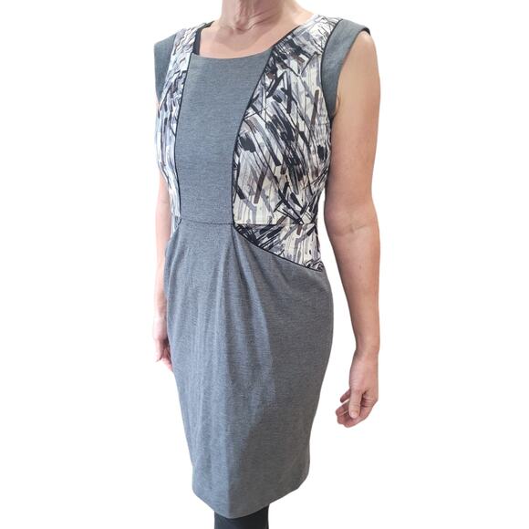 BCBGMAXAZRIA Gray Layered Graphic Bodycon Dress M Abstract Modern Career Capsule - Picture 2 of 10